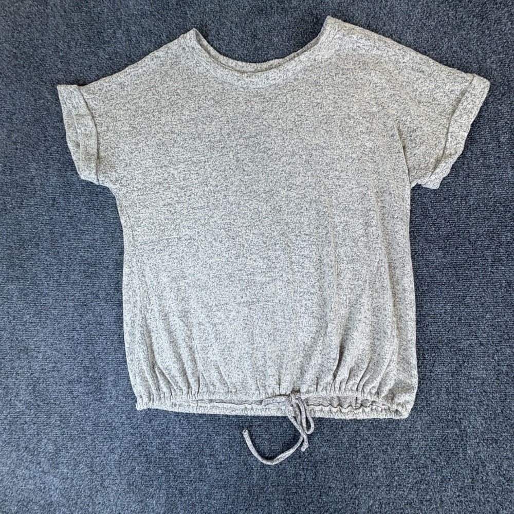 Cake + Roses Knit Top Womens XL Gray Marled Stretch Short Sleeve Drawstring Hem